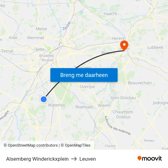 Alsemberg Winderickxplein to Leuven map