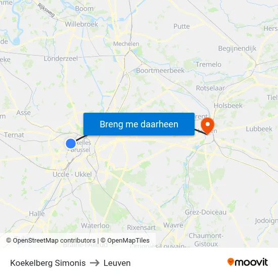 Koekelberg Simonis to Leuven map
