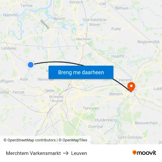 Merchtem Varkensmarkt to Leuven map