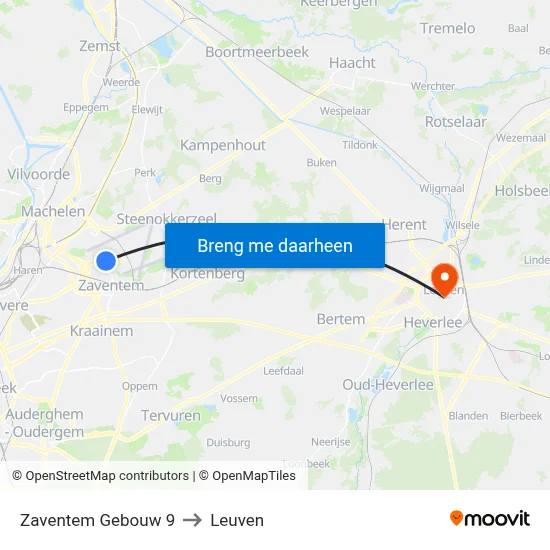 Zaventem Gebouw 9 to Leuven map