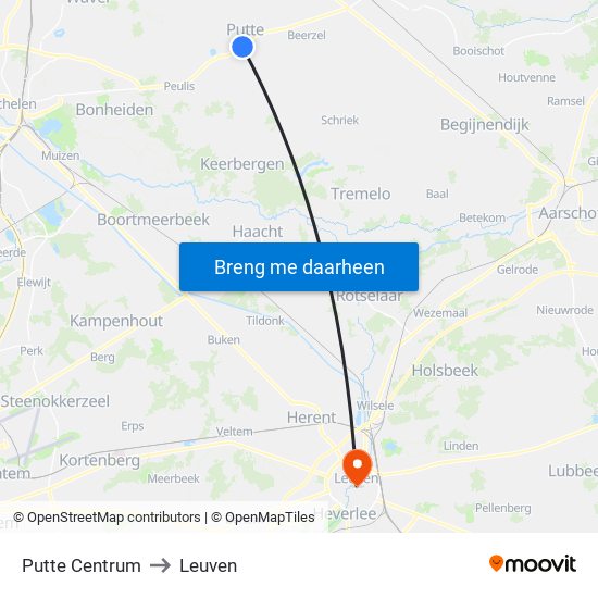 Putte Centrum to Leuven map