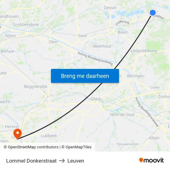 Lommel Donkerstraat to Leuven map