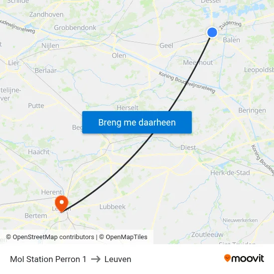 Mol Station Perron 1 to Leuven map