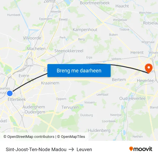 Sint-Joost-Ten-Node Madou to Leuven map