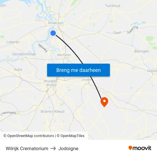 Wilrijk Crematorium to Jodoigne map