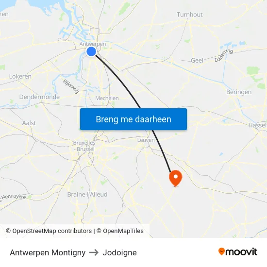 Antwerpen Montigny to Jodoigne map