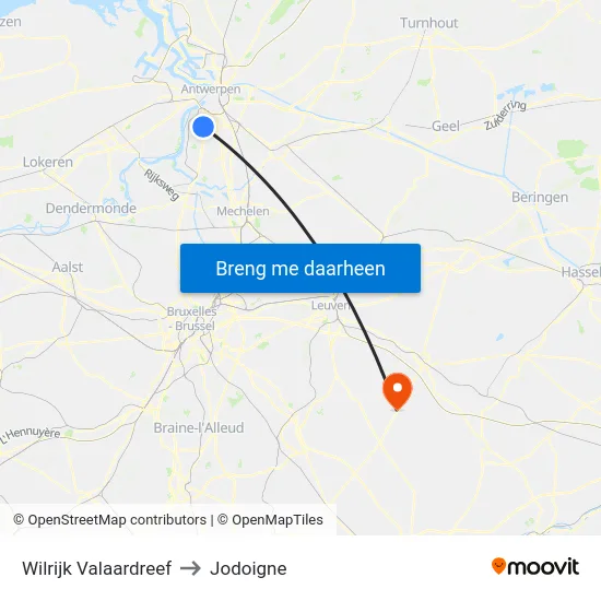 Wilrijk Valaardreef to Jodoigne map