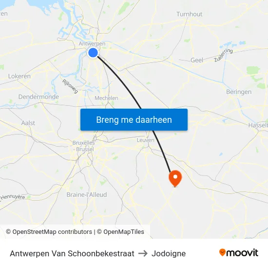 Antwerpen Van Schoonbekestraat to Jodoigne map