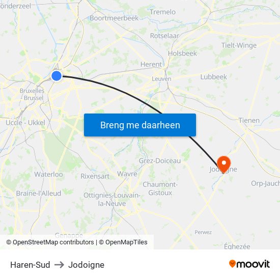 Haren-Sud to Jodoigne map