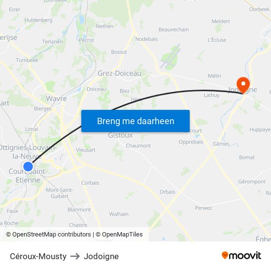 Céroux-Mousty to Jodoigne map