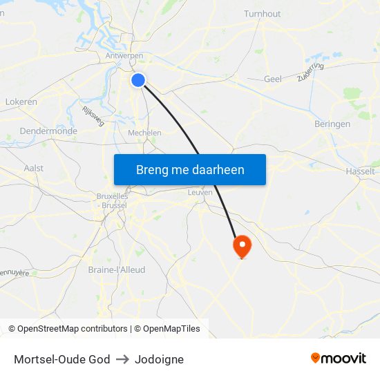 Mortsel-Oude God to Jodoigne map