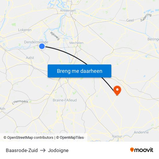 Baasrode-Zuid to Jodoigne map