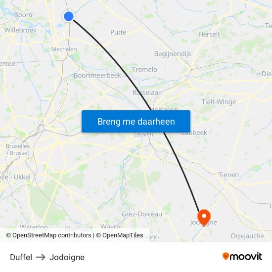 Duffel to Jodoigne map