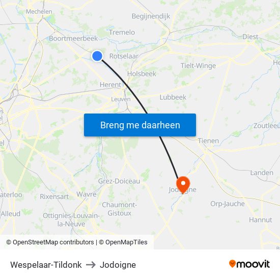 Wespelaar-Tildonk to Jodoigne map
