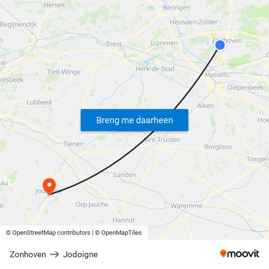 Zonhoven to Jodoigne map