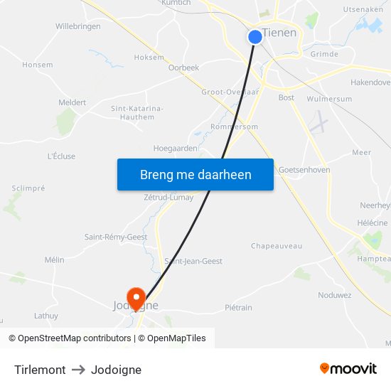 Tirlemont to Jodoigne map