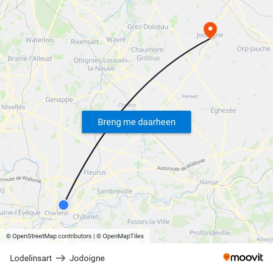 Lodelinsart to Jodoigne map