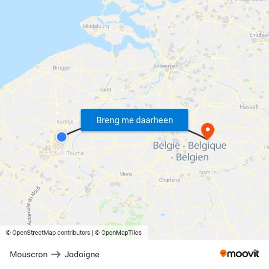 Mouscron to Jodoigne map