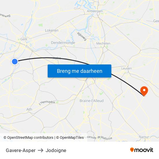 Gavere-Asper to Jodoigne map