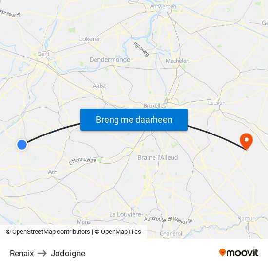Renaix to Jodoigne map