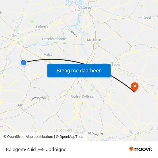 Balegem-Zuid to Jodoigne map