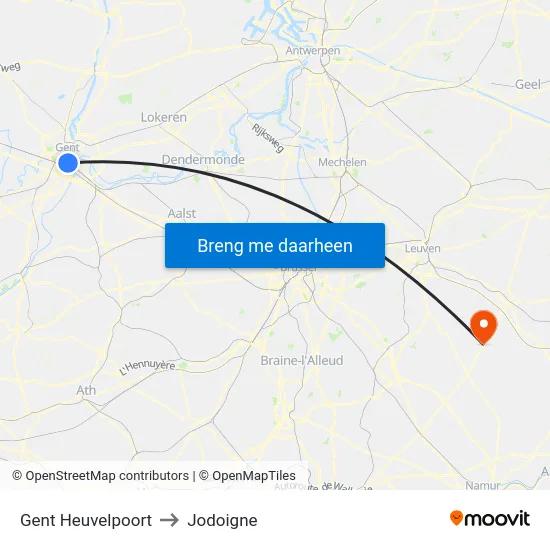 Gent Heuvelpoort to Jodoigne map