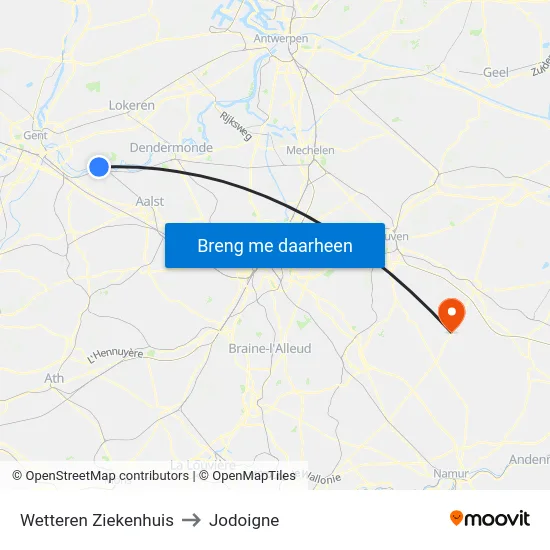 Wetteren Ziekenhuis to Jodoigne map