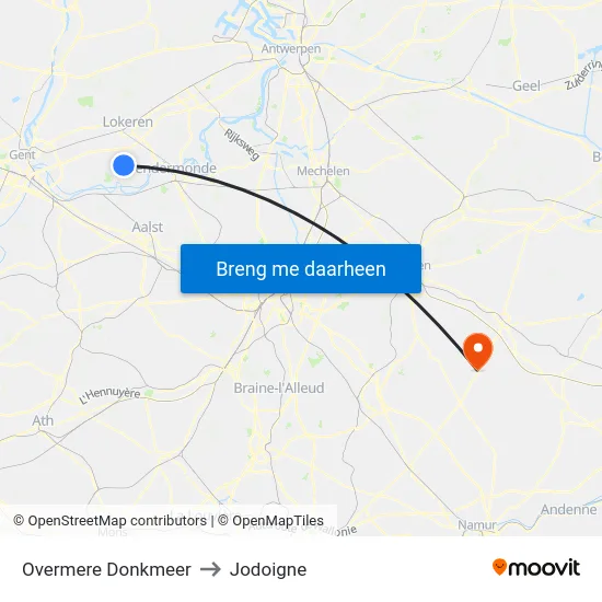 Overmere Donkmeer to Jodoigne map