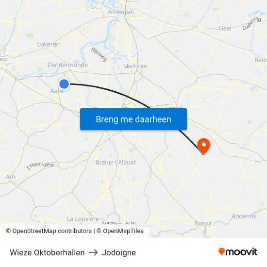 Wieze Oktoberhallen to Jodoigne map
