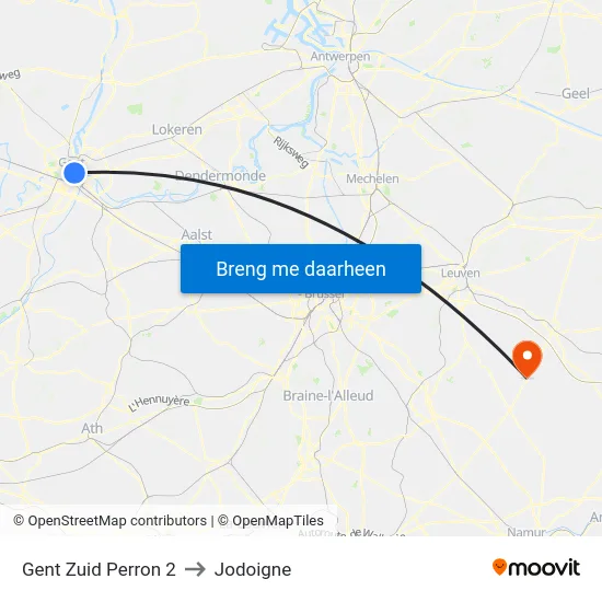 Gent Zuid Perron 2 to Jodoigne map