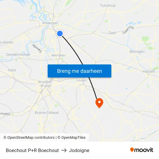 Boechout P+R Boechout to Jodoigne map
