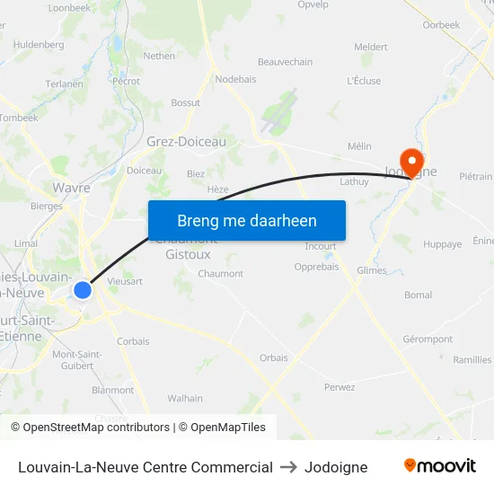 Louvain-La-Neuve Centre Commercial to Jodoigne map