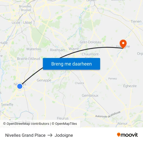 Nivelles Grand Place to Jodoigne map