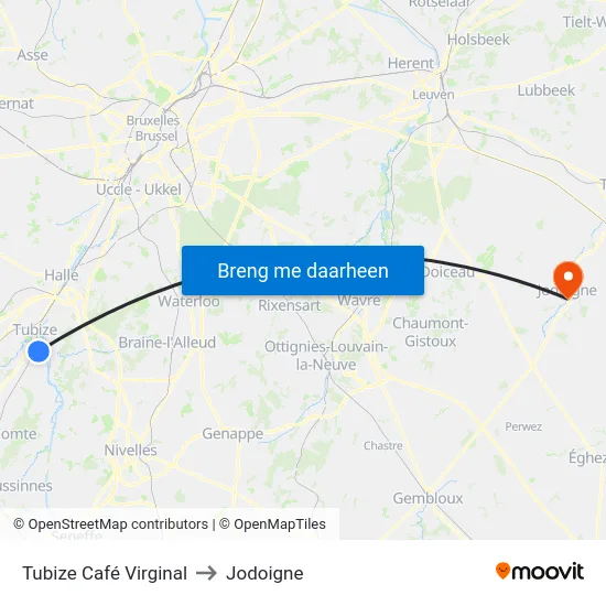 Tubize Café Virginal to Jodoigne map