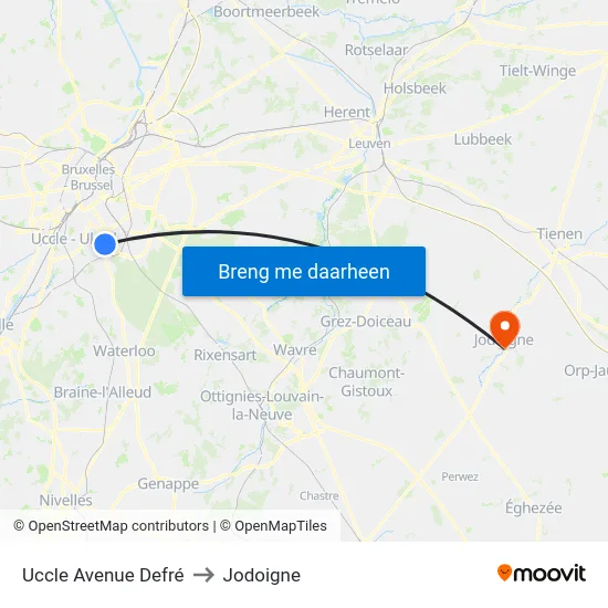 Uccle Avenue Defré to Jodoigne map