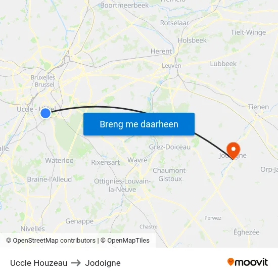Uccle Houzeau to Jodoigne map