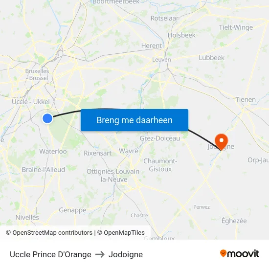 Uccle Prince D'Orange to Jodoigne map
