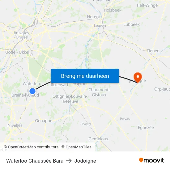 Waterloo Chaussée Bara to Jodoigne map
