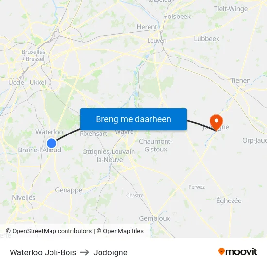 Waterloo Joli-Bois to Jodoigne map