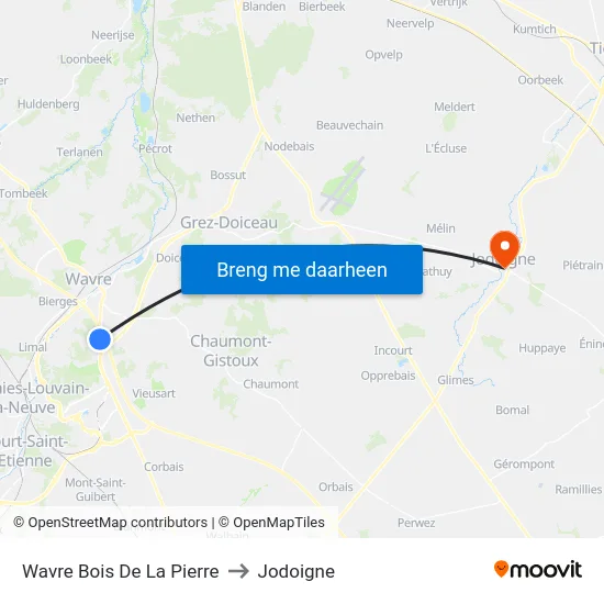 Wavre Bois De La Pierre to Jodoigne map