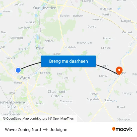 Wavre Zoning Nord to Jodoigne map