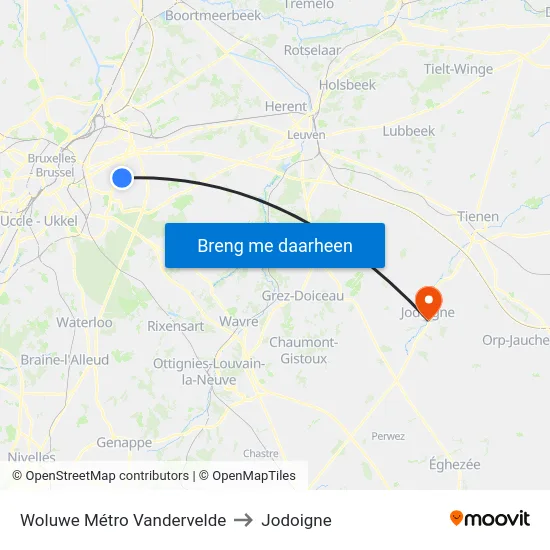 Woluwe Métro Vandervelde to Jodoigne map