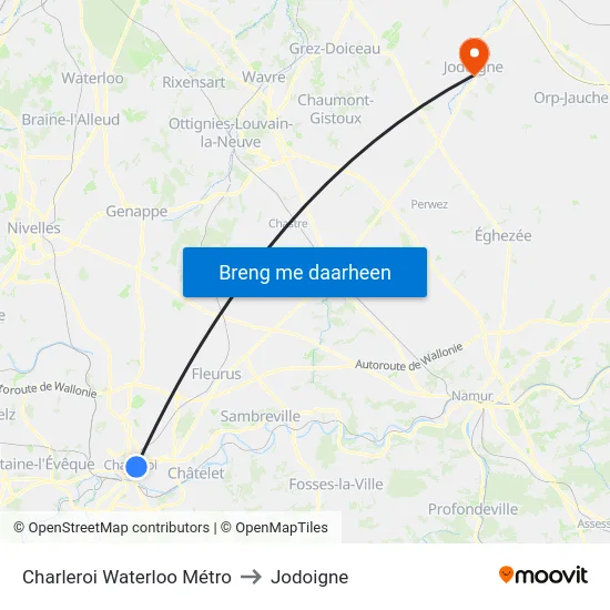 Charleroi Waterloo Métro to Jodoigne map