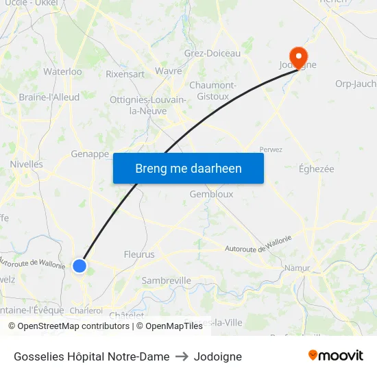Gosselies Hôpital Notre-Dame to Jodoigne map