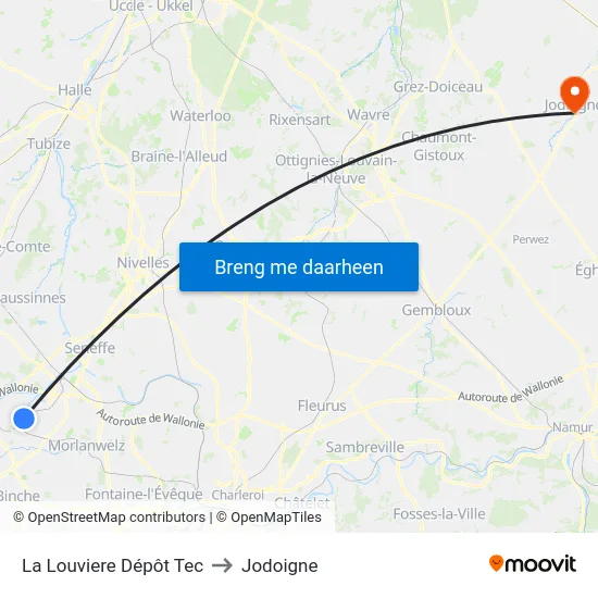 La Louviere Dépôt Tec to Jodoigne map