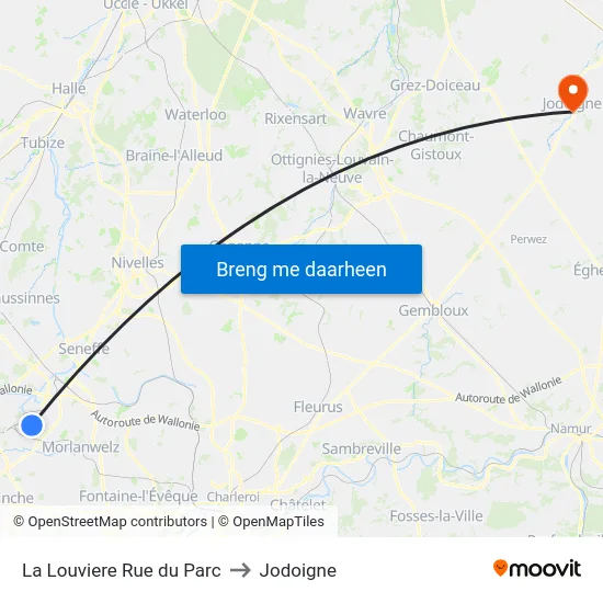 La Louviere Rue du Parc to Jodoigne map