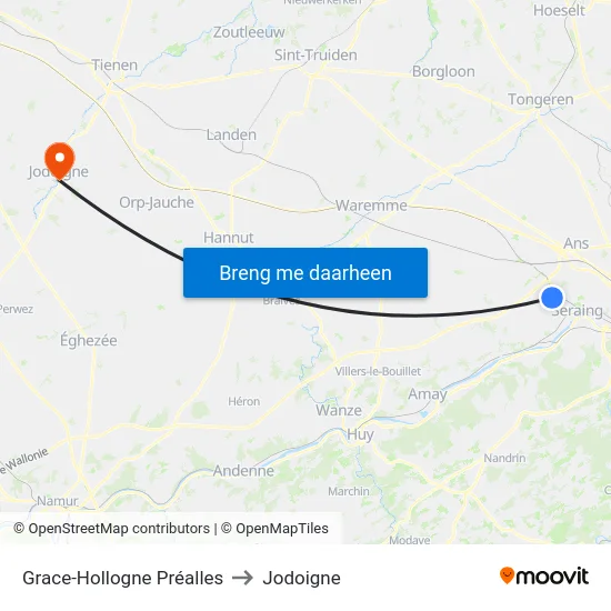 Grace-Hollogne Préalles to Jodoigne map