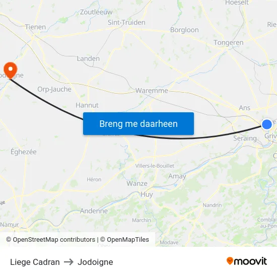 Liege Cadran to Jodoigne map