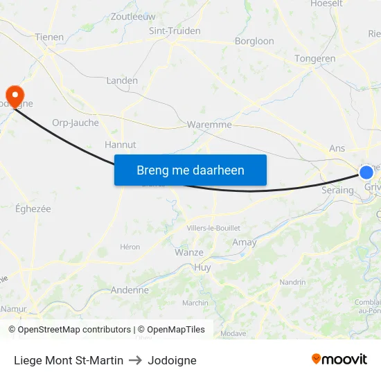 Liege Mont St-Martin to Jodoigne map