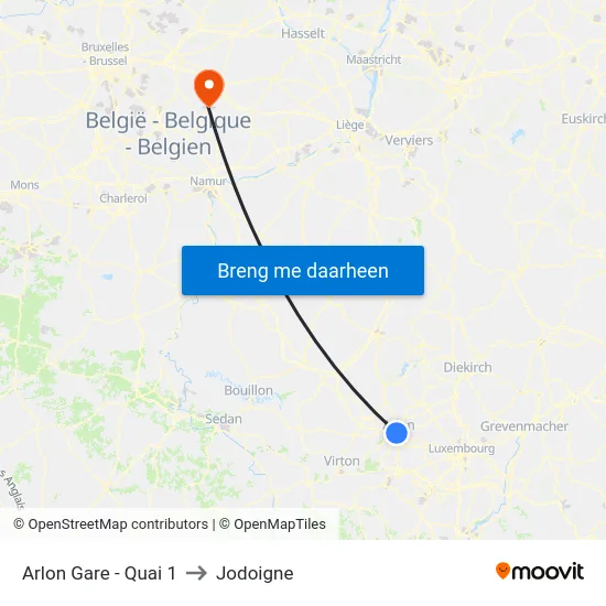 Arlon Gare - Quai 1 to Jodoigne map